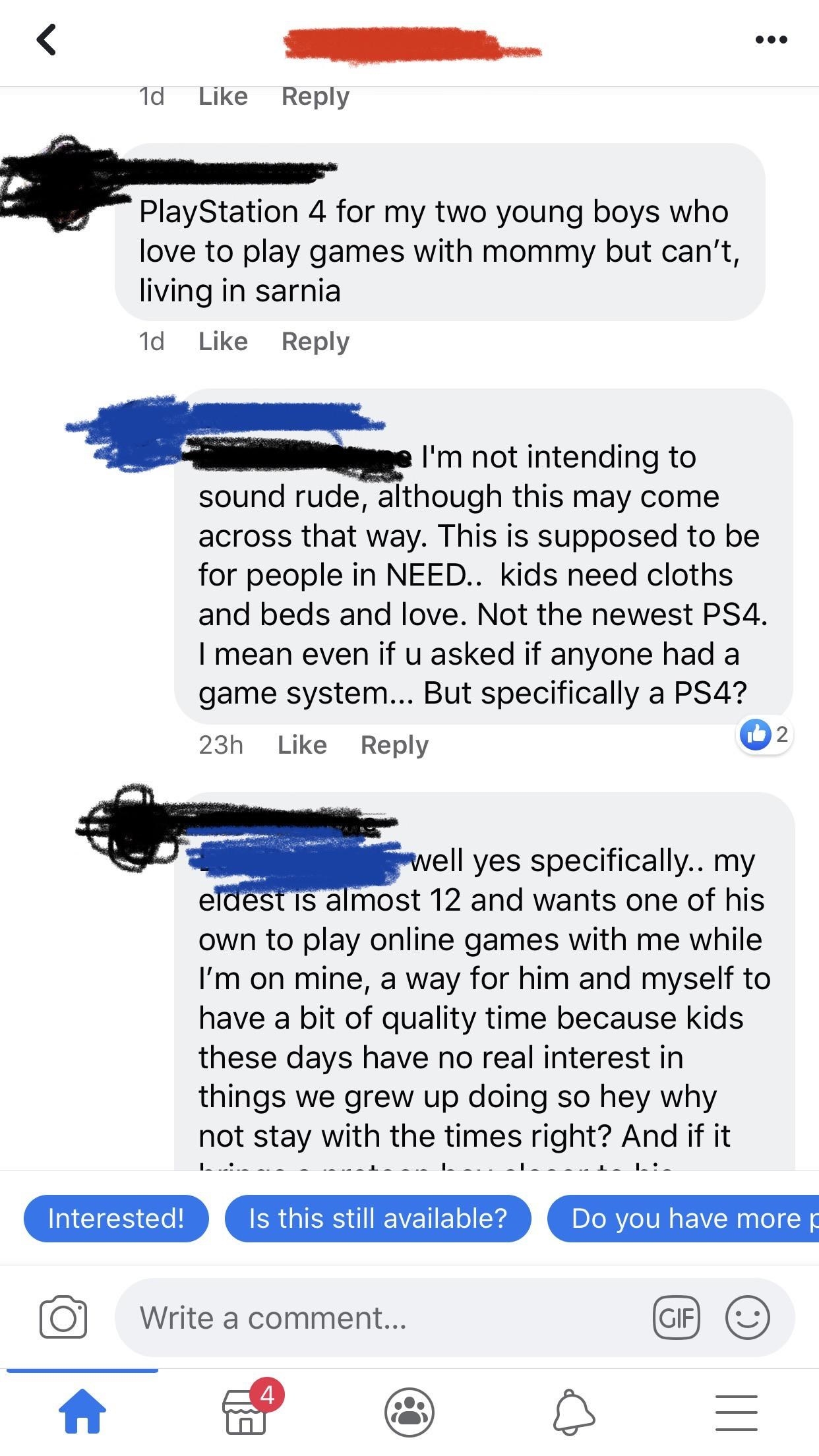 Person asking for a PS4 so her two sons can &quot;play with Mommy&quot;