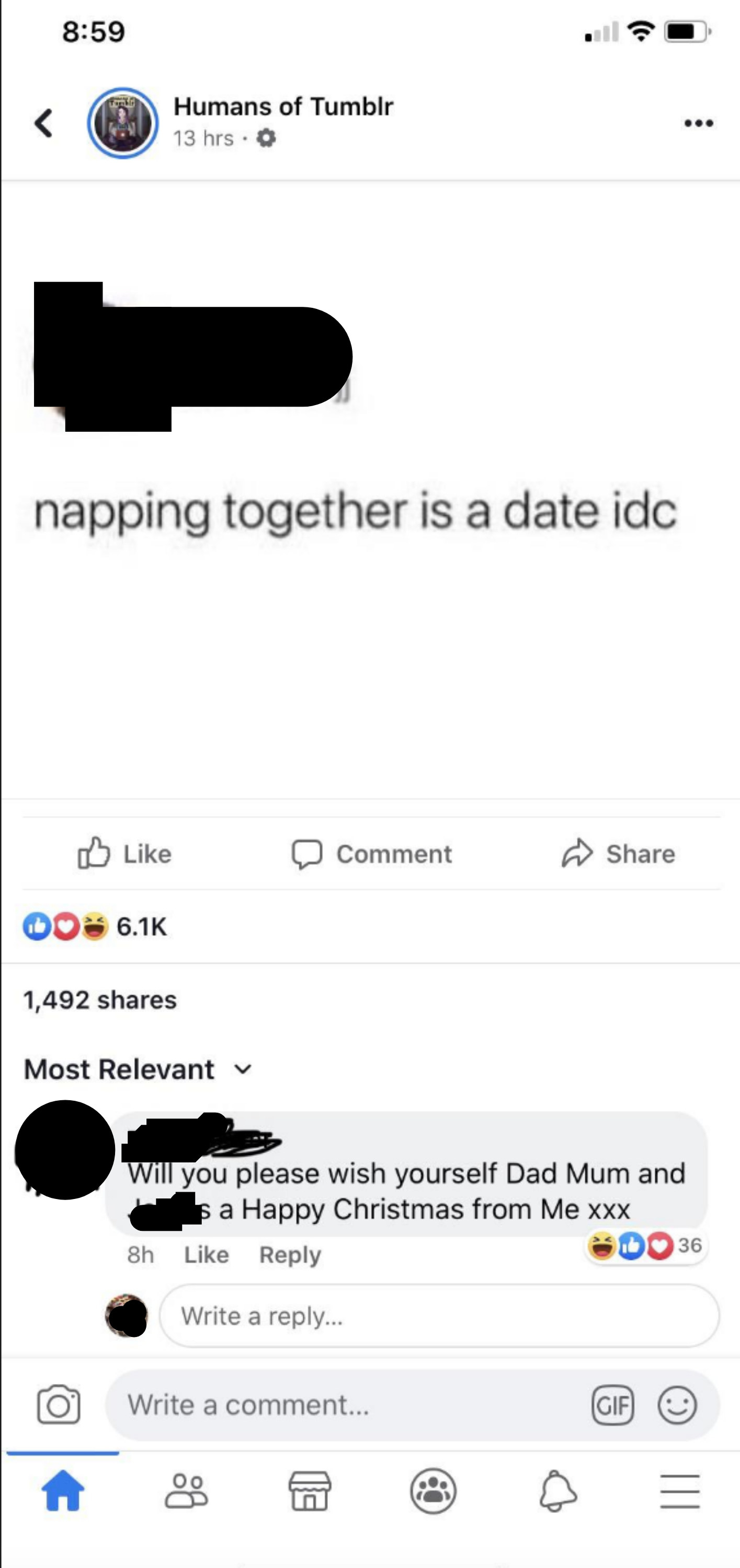 comment to please say happy christmas to the family left under text that reads napping is a date
