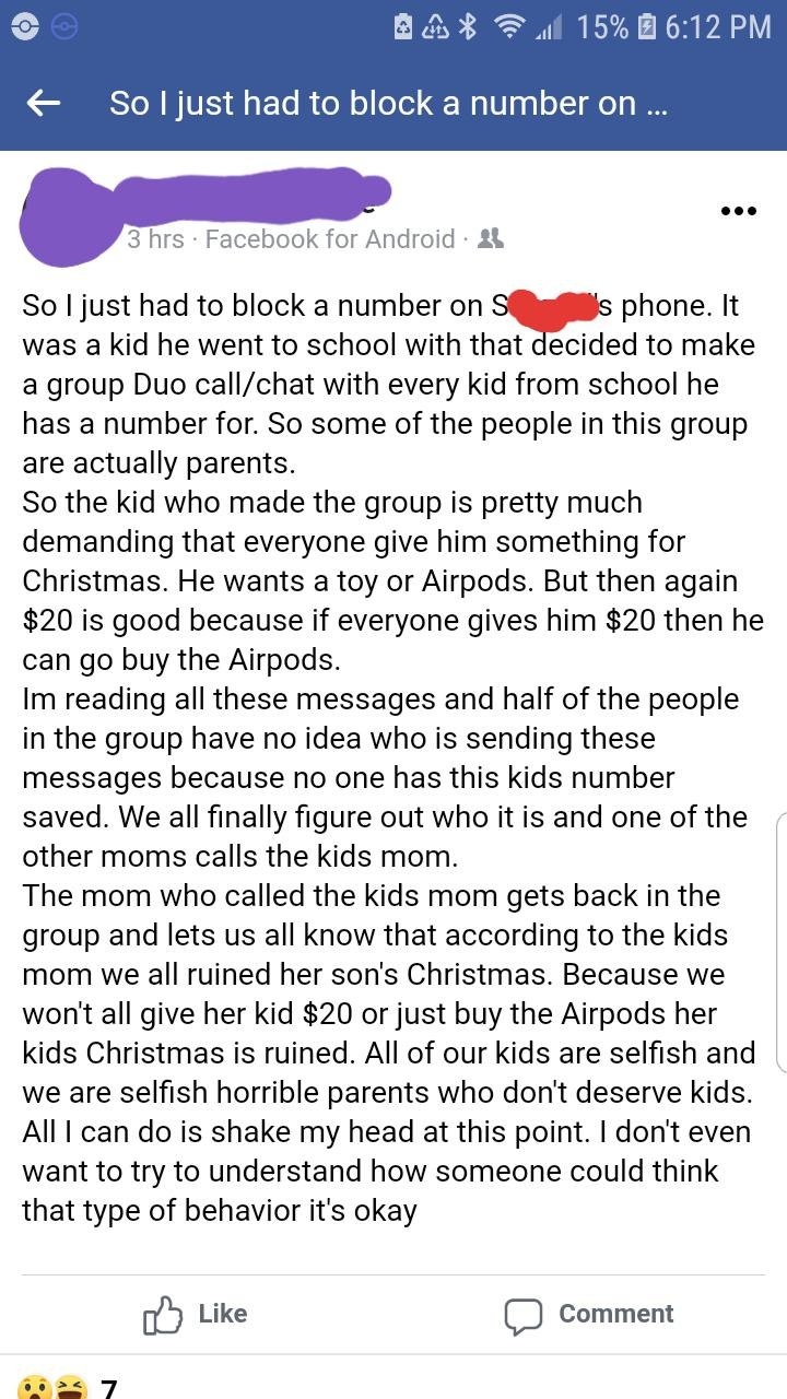 Kid creates a group chat asking for $20 each from kids in school, and when a parent complains to the kid&#x27;s parent, their kids are called selfish and they&#x27;re horrible parents