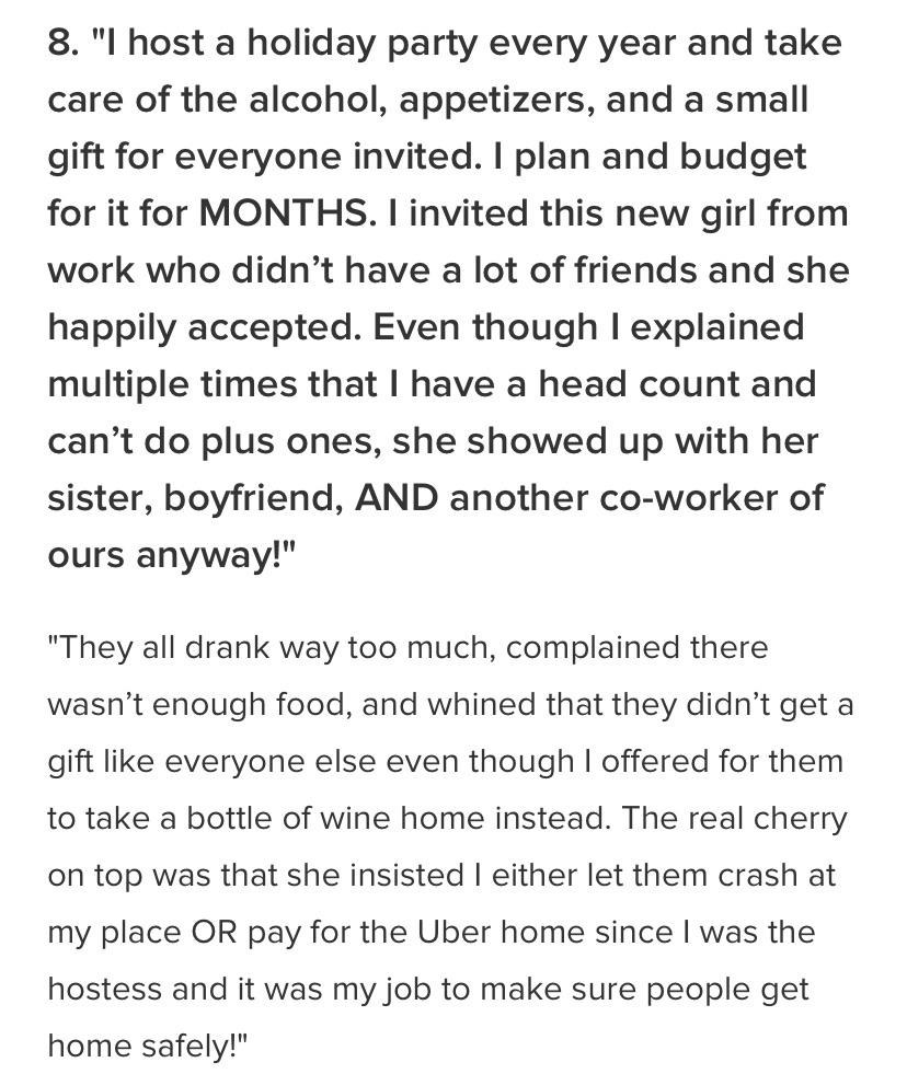 Coworker brings three people to a &quot;no plus-one&quot; party and they all drink too much, complain there&#x27;s not enough food, and insist that the host let them crash or pay for Uber since it&#x27;s her job to make sure people get home safely