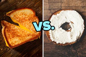 On the left, a grilled cheese, and on the right, a bagel with cream cheese with versus typed in the middle