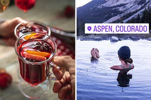 A glass of mulled wine and a woman sits in a hot spring