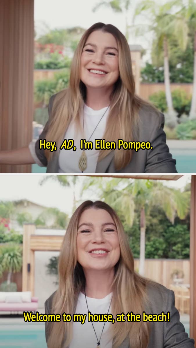 ellen saying hey a.d. i&#x27;m ellen pompeo, welcome to my house, at the beach while opening the door