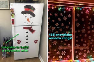 to the left: magnets on a fridge to make a snowman, to the right: snowflake window clings in a window