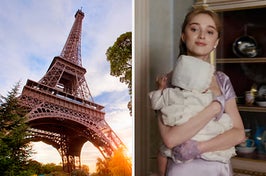 On the left, looking up at the Eiffel Tower at sunset, and on the right, Daphne from Bridgerton holding a baby