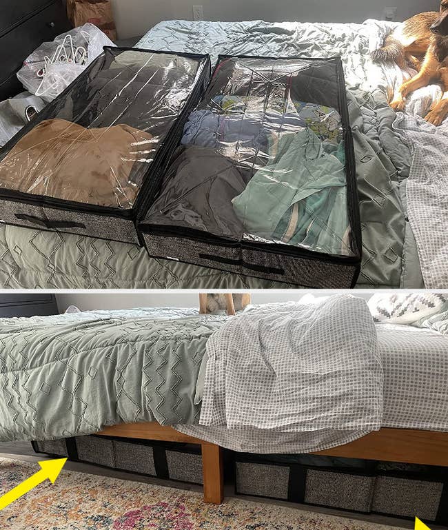 a reviewer shows the storage bins full of clothes and placed under their bed