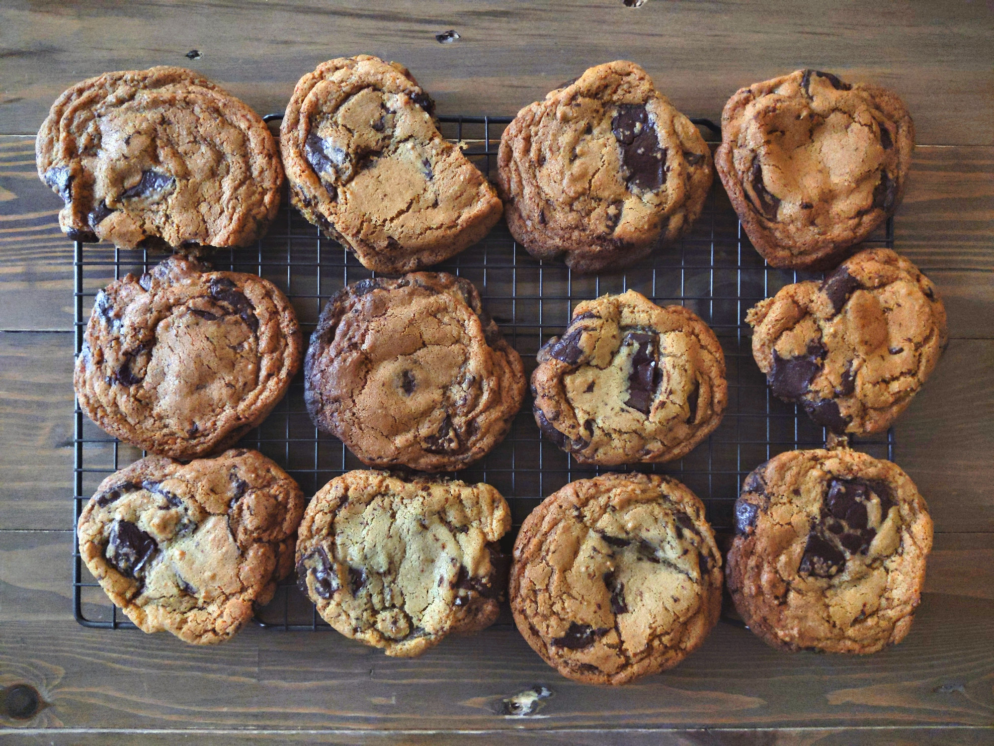 Freshly baked chocolate chip cookies on a rack