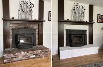 a reviewer's fireplace with red brick and after with the brick painted white