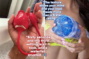 Reviewer holding red rose-shaped vibrator in bathtub and model posing with transparent blue masturbator