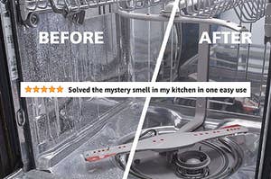 A product image of the inside of a dishwasher before (scaly and with white residue) and after (sparkling clean) with five star review text "solved the mystery smell in my kitchen in one easy use"