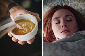 On the left, someone making a latte, and on the right, Elizabeth Olsen sleeping in bed as Wanda on WandaVision