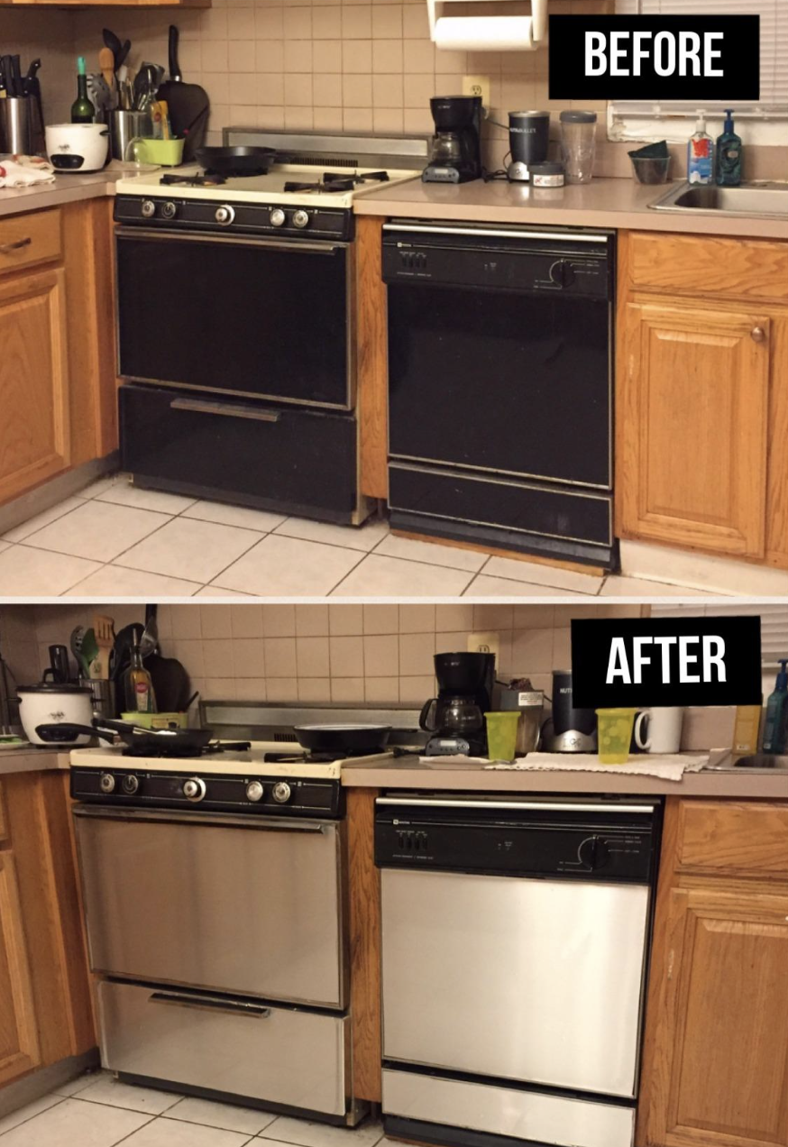 Reviewer&#x27;s black oven and dishwasher &quot;before&quot; and the same appliances now silver from the contact paper