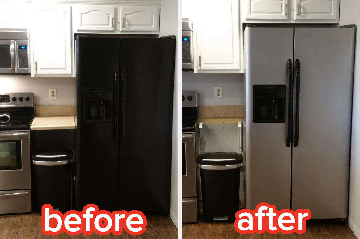 A before of a reviewer&#x27;s black fridge and after of the fridge painted stainless steel