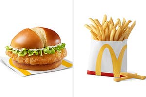On the left, a McCrispy from McDonald's, and on the right, some McDonald's fries