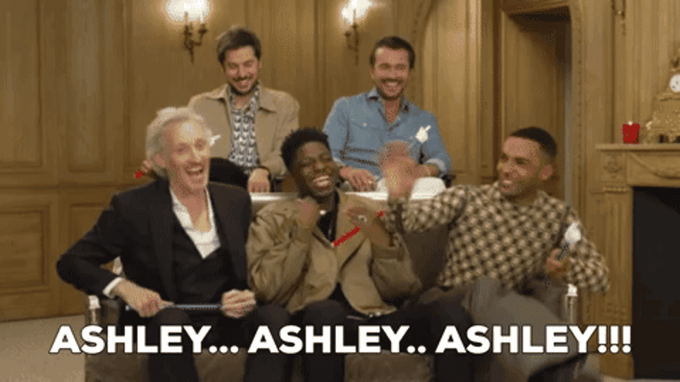 The guys laughing and discussing before ultimately saying &quot;Ashley, Ashley, Ashley&quot; and using the fake hands they&#x27;d been given to point off screen