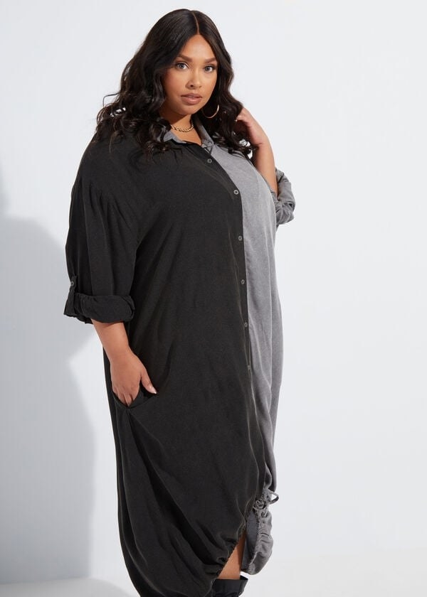 model in collared button up shirt dress with a drawstring hem that&#x27;s half black and half grey