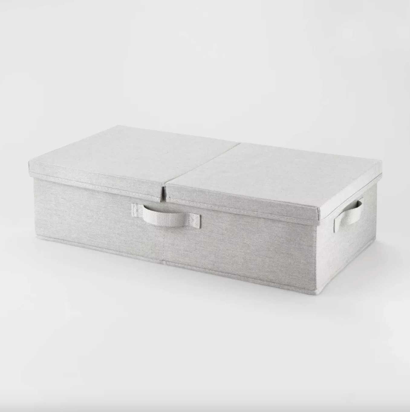 the light grey fabric bin with hard sides and a lid