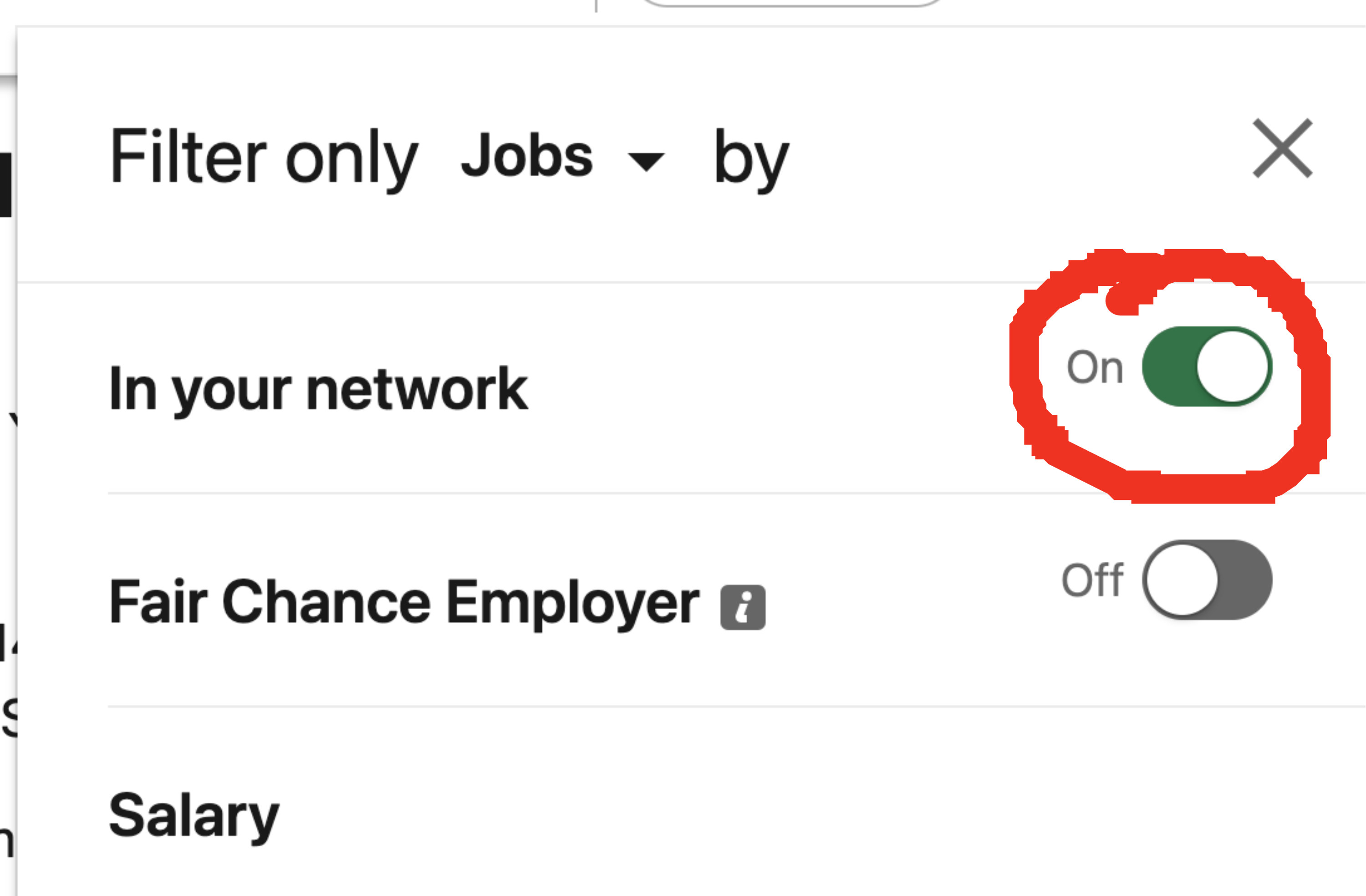 LinkedIn job search filters with in your network toggled on