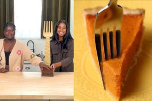 Jeri and Elise fight over the giant golden fork on a wooden table in the kitchen. Next to the image is another image with a fork cutting into a sweet potato pie