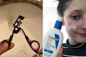 A reviewer holding their eyelash curler and a reviewer holding up their CeraVe facial moisturizing lotion with a bit of the lotion on their face