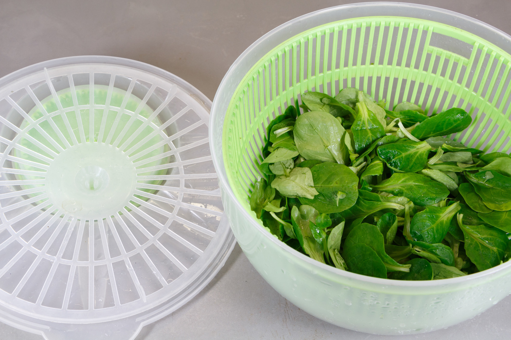 Spinach in salad spinner