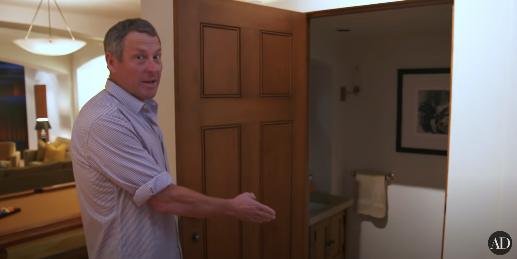 Lance Armstrong outside his bathroom