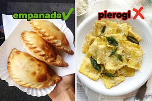 在左侧，一个正确识别为empanada的肉馅卷饼，在右边，有些馄饨错误地识别为Pierogi