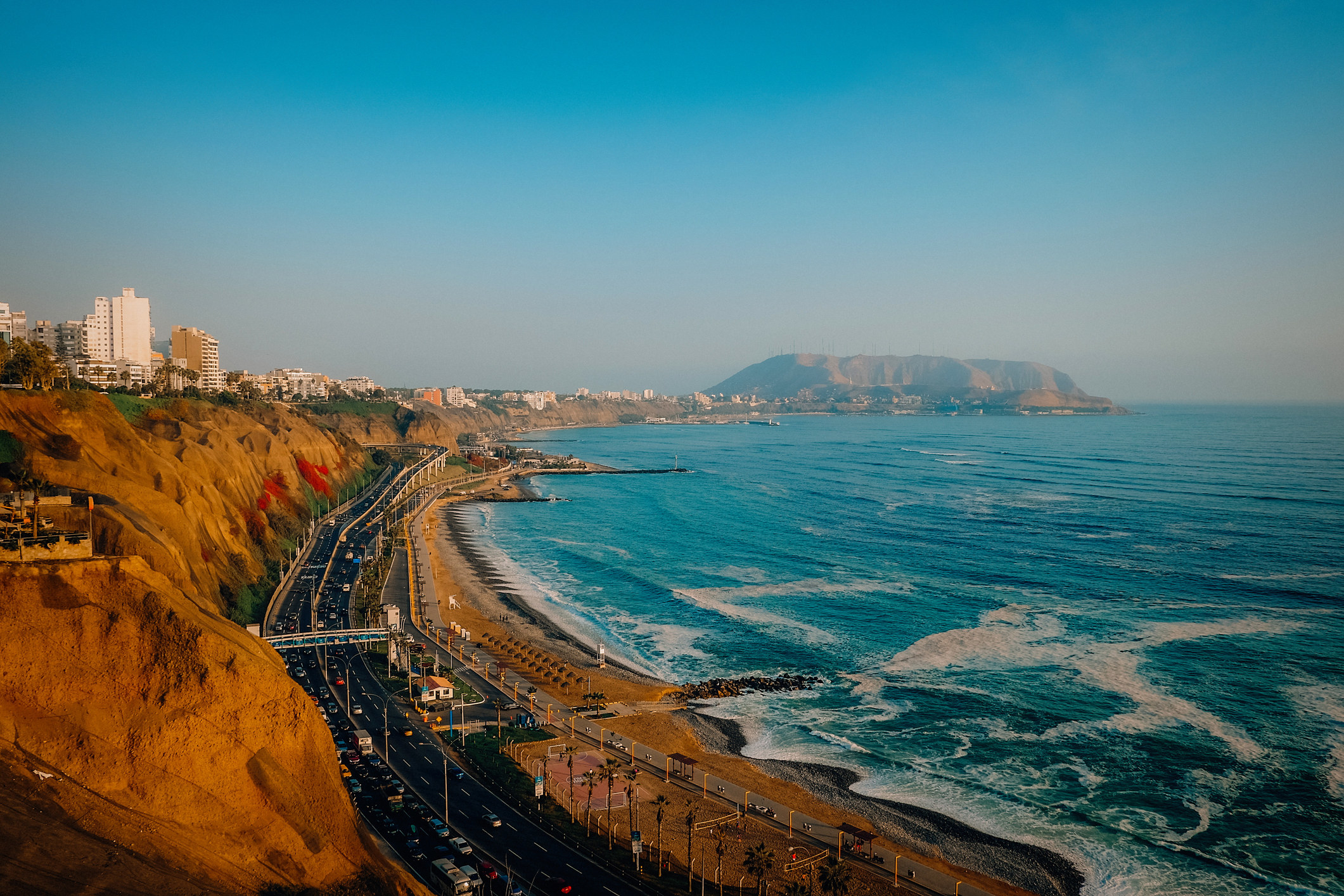 Aerial view of the Pacific Ocean coast in Lima, Peru