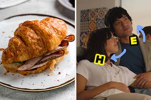 On the left, a ham and cheese croissant sandwich, and on the right, Harper and Ethan from The White Lotus with an H typed under her chin and E typed under his