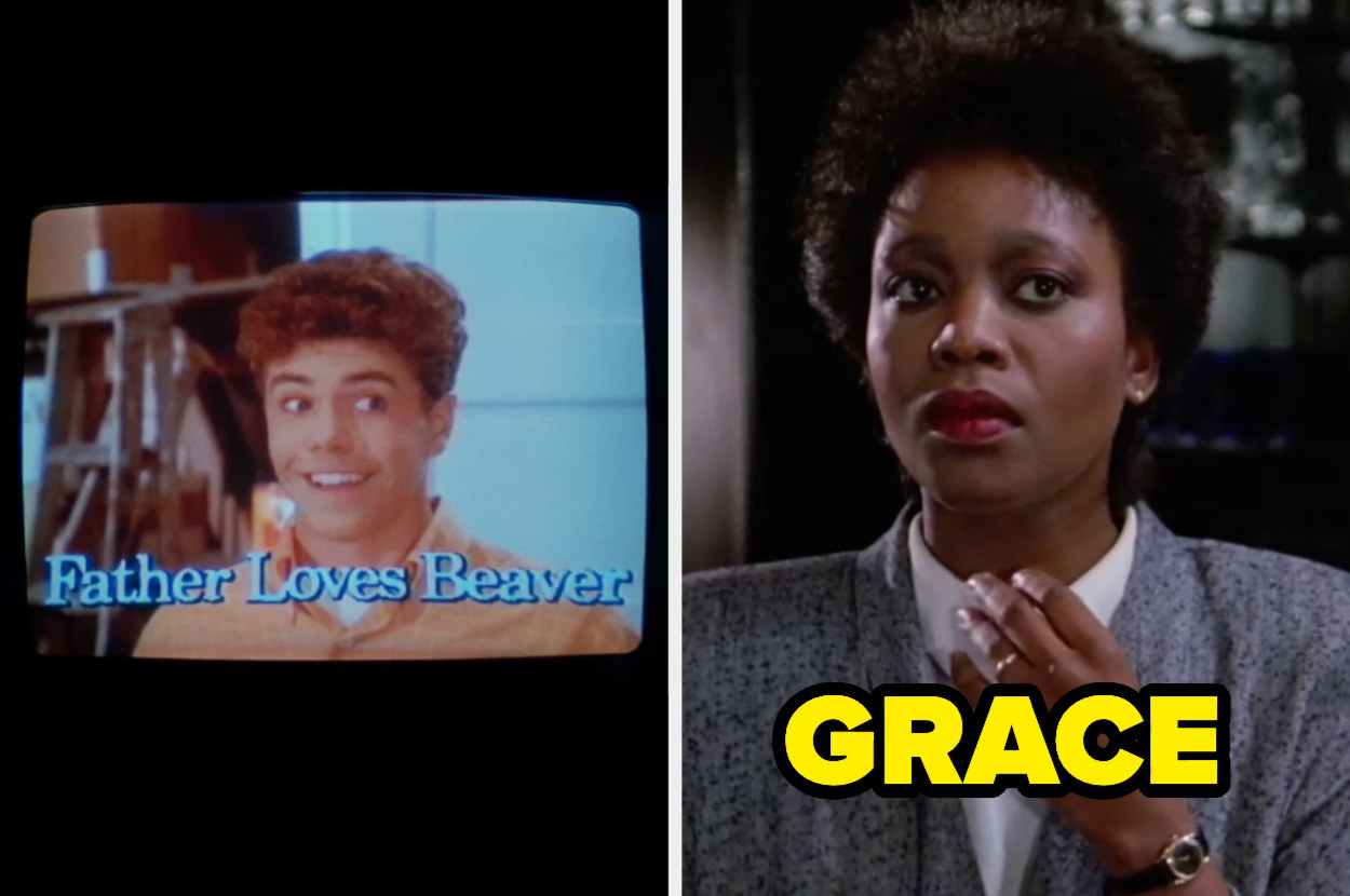 Still showing grace in her &#x27;80s makeup with her &#x27;80s hair and a freeze frame for the show father loves beaver with a boy smiling and the title on top