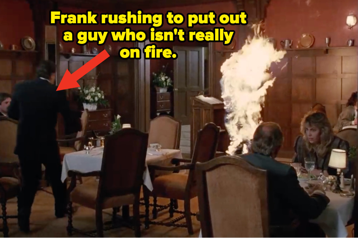 frank rushes to put a man on fire in a restaurant but he isn&#x27;t really on fire