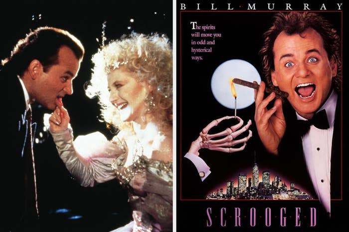 poster for scrooged and a still showing bill murray as frank cross and carol kane as the ghost of christmas present