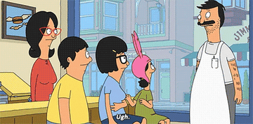 animated belcher family from bobs burgers talking and tina belcher faints