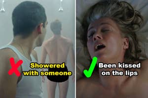 Side-by-side of Manu Rios in the shower in "Elite," vs. Emma Thompson in bed in "Good Luck to You, Leo Grande"