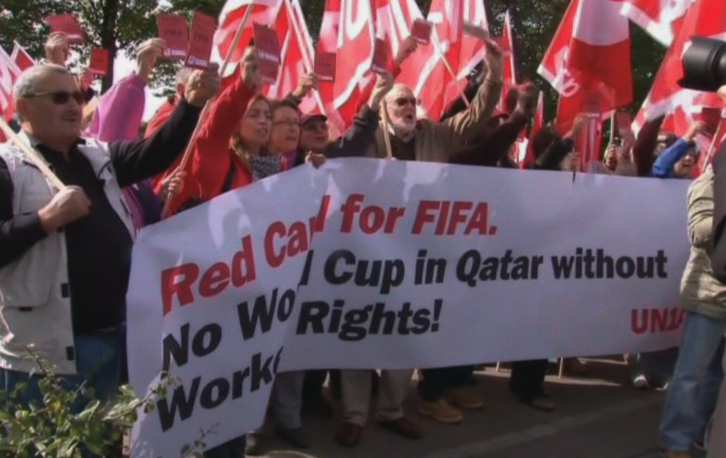 Protesters rallying again fifa holding the world cup in qatar after their alledged human rights abuses