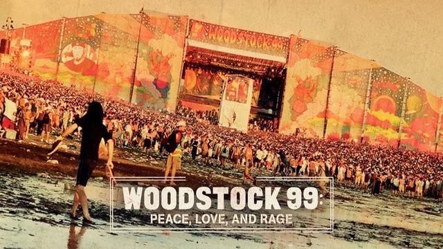 poster for Woodstock 99 showing a woman walking towards a stage