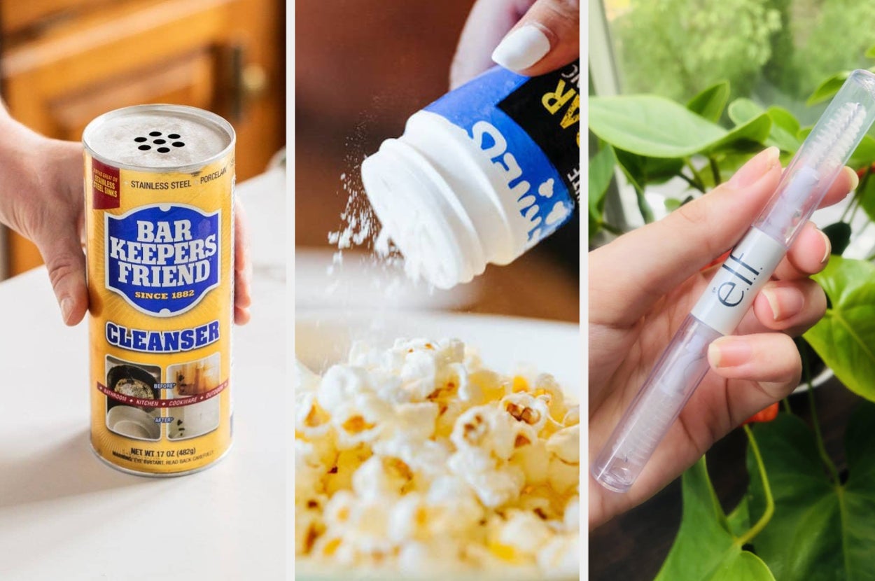 someone holding bar keepers friend, someone shaking popcorn topping onto popcorn, someone holding an elf brow gel