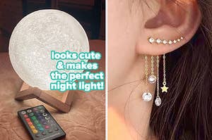 the moon lamp "looks cute and makes the perfect night light!", model wearing ear chaser earring