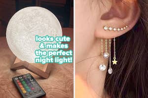 the moon lamp "looks cute and makes the perfect night light!", model wearing ear chaser earring