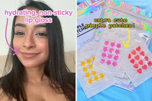 Reviewer wearing hydrating, non-sticky lip gloss and cute pimple patches in star, flower, and heart shapes