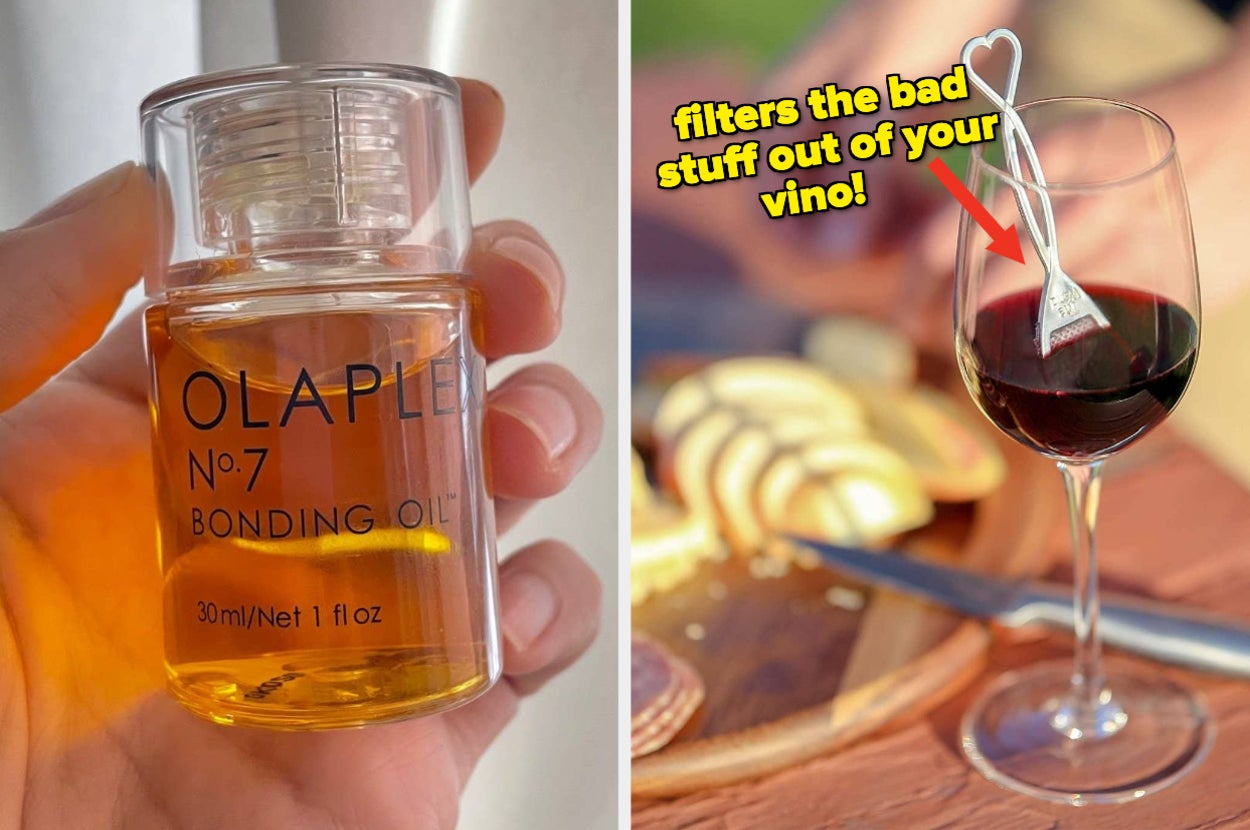 a person holding olaplex hair oil and a filter in a wine glass