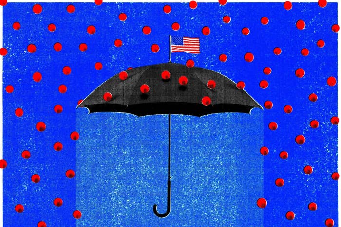 an illustration of a black umbrella with a tiny usa flag on top, red dots fall from the sky