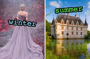 On the left, someone wearing a flowy gown in the frosty air labeled winter, and on the right, a charming castle near a marsh on a sunny day labeled summer