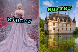 On the left, someone wearing a flowy gown in the frosty air labeled winter, and on the right, a charming castle near a marsh on a sunny day labeled summer