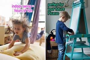 indoor swing on the left and kid painting on an easel on the right