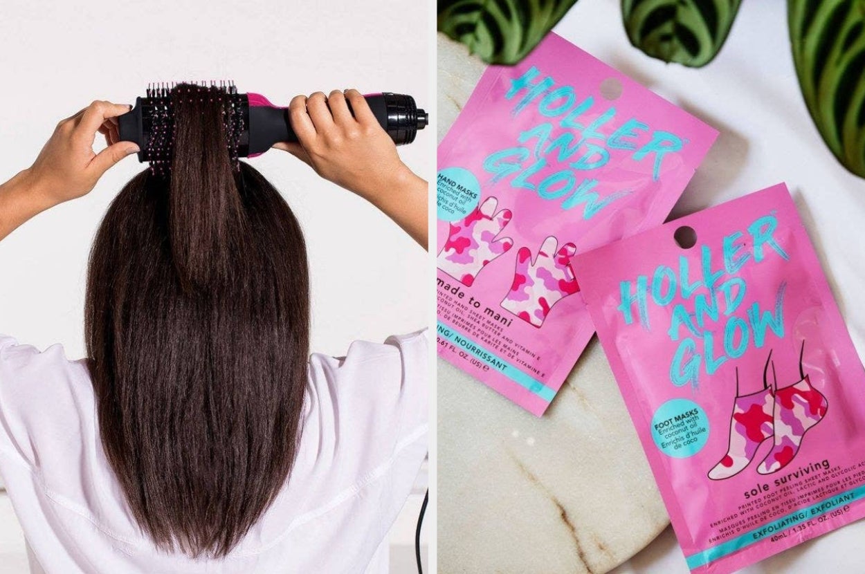 on left, model styling hair with black and pink revlon drying brush. on right, pink hollar and glow hand and feet masks in bright pink packages