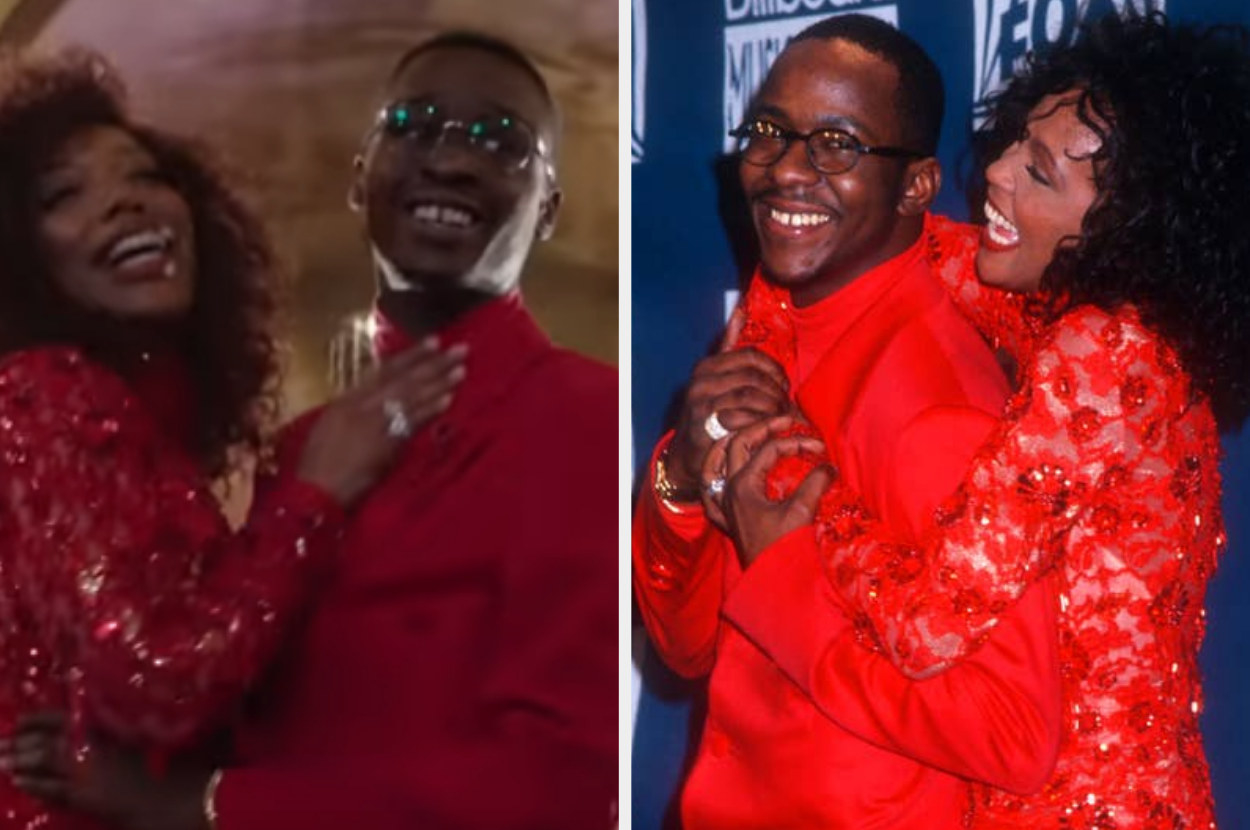 Ashton Sanders portrays Bobby Brown alongside Naomi Ackie as Whitney Houston; Whitney hugs her husband Bobby Brown in the Press Room at the 1993 Billboard Music Awards on Dec. 8, 1993