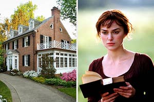 On the left, a colonial-style brick house, and on the right, Kiera Knightley holding a book as Elizabeth in Pride and Prejudice