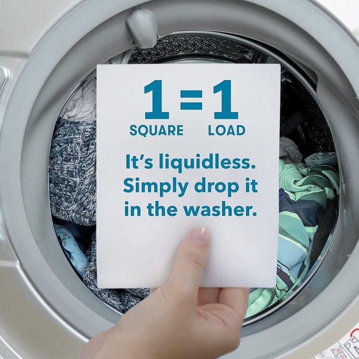 Ecos graphic showing how 1 square of white detergent sheet washes 1 load, just drop it in the washer