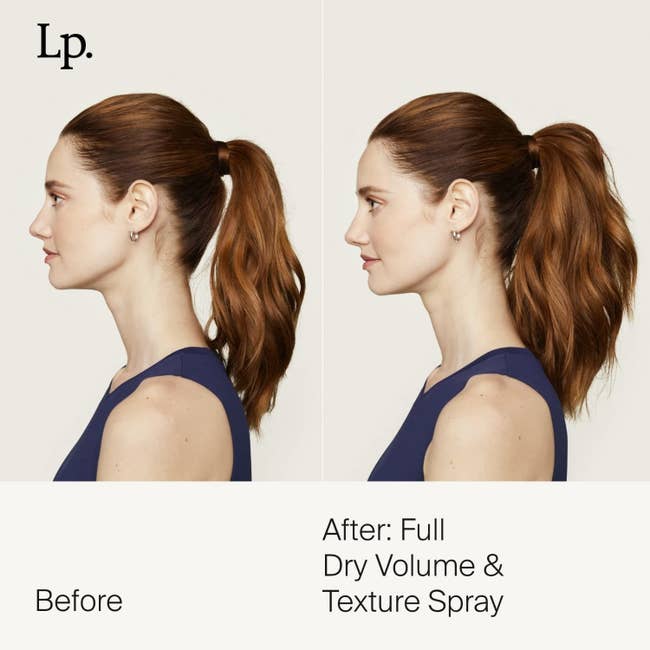 A model with half their hair styled in a ponytail before/after to show the ponytail looking twice as voluminous